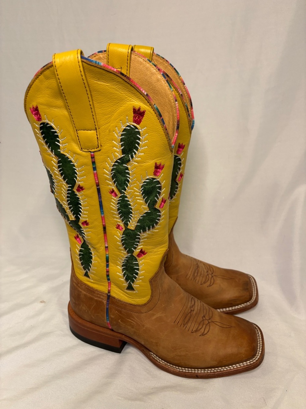 Macie Bean Prickle Pear Cactus yellow Brown Leather Boots Size 6 Cowboy Western